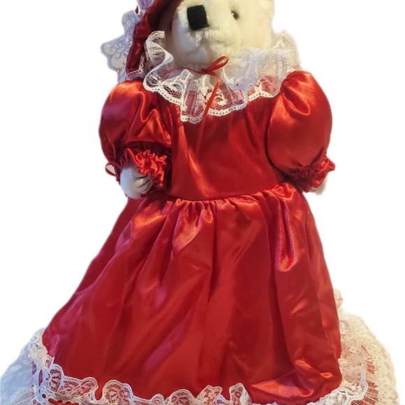 Vintage Teddy Bear On Stand w Satin & Lace Dress & Hat 15"H Great Condition - Picture 9 of 12